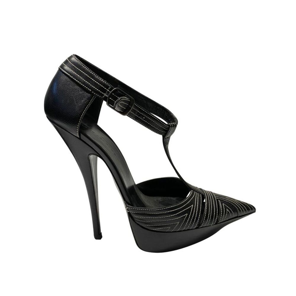 Balenciaga T-Strap Contrast Stitch Heels in Black Leather